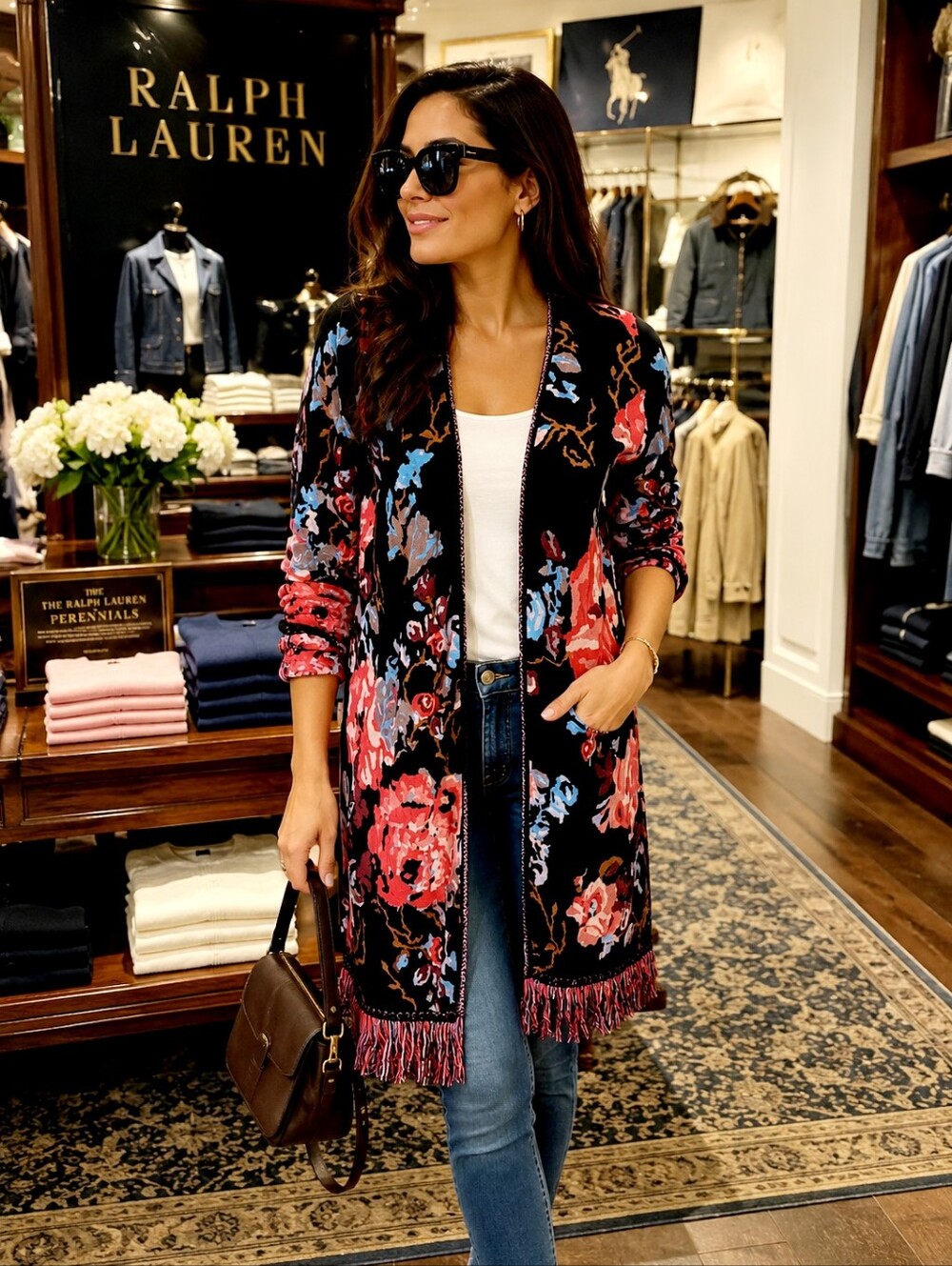 Floral Fringe Long Open Cardigan